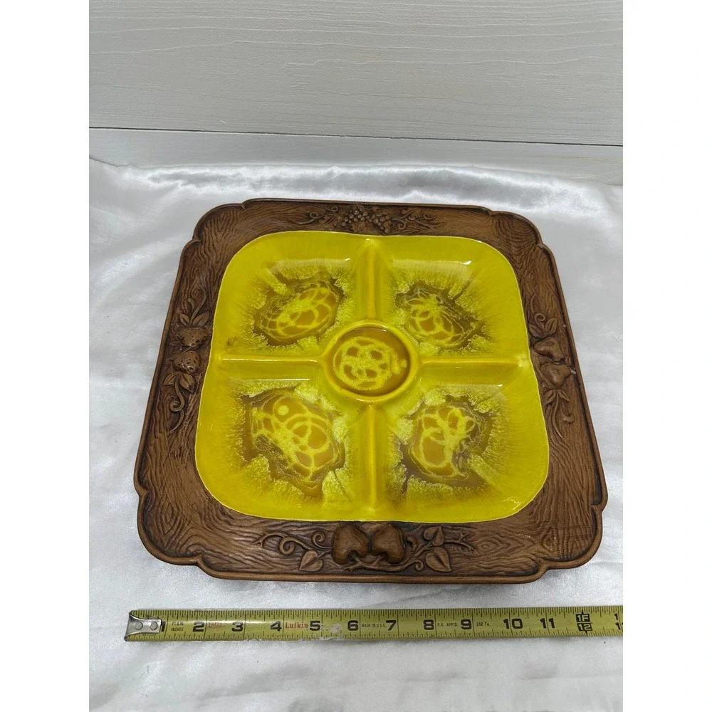Treasure Craft‎ Divided Serving Tray Yellow Excellent Lava Glaze Fruit MCM Retro
